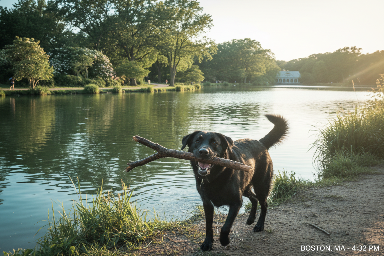 Black dog playing with a stick at Jamaica Pond