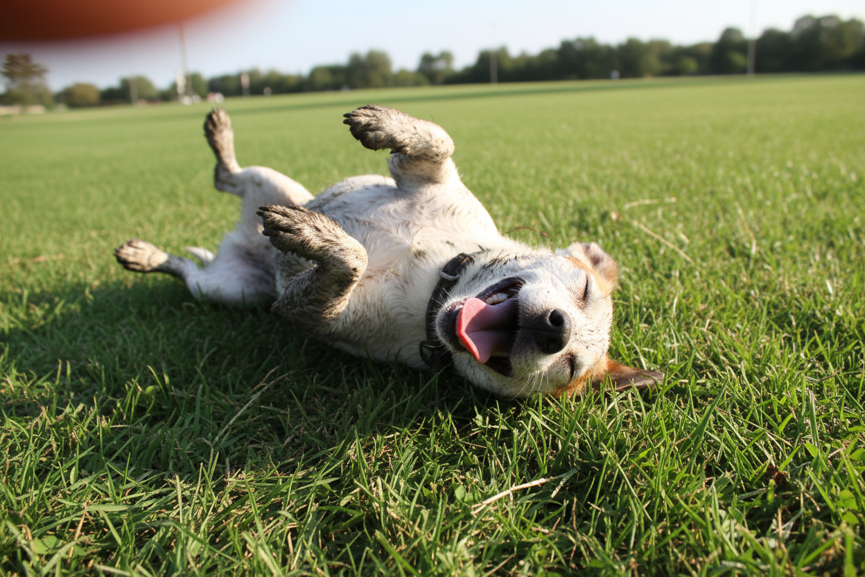Muddy white dog with brown spots rolling on grass