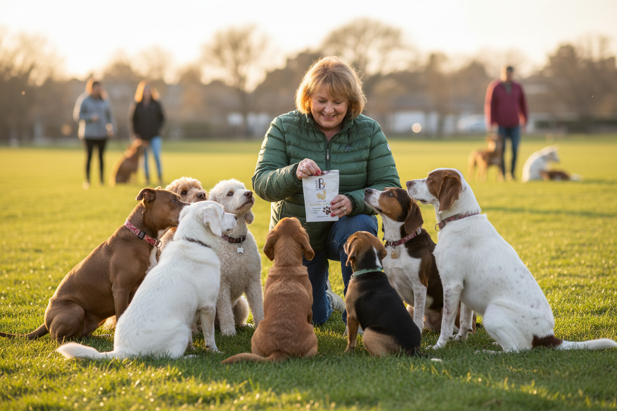 Senior lady in green puffer jacket feeding 10 dog breeds at dog park with Simple B Chicken Hearts
